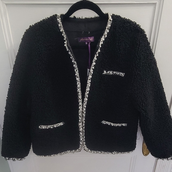 Glamourpuss Jackets & Blazers - Glamourpuss NYC Faux Fur Blazer Black with Embroidered Pearl Trim Size M/L